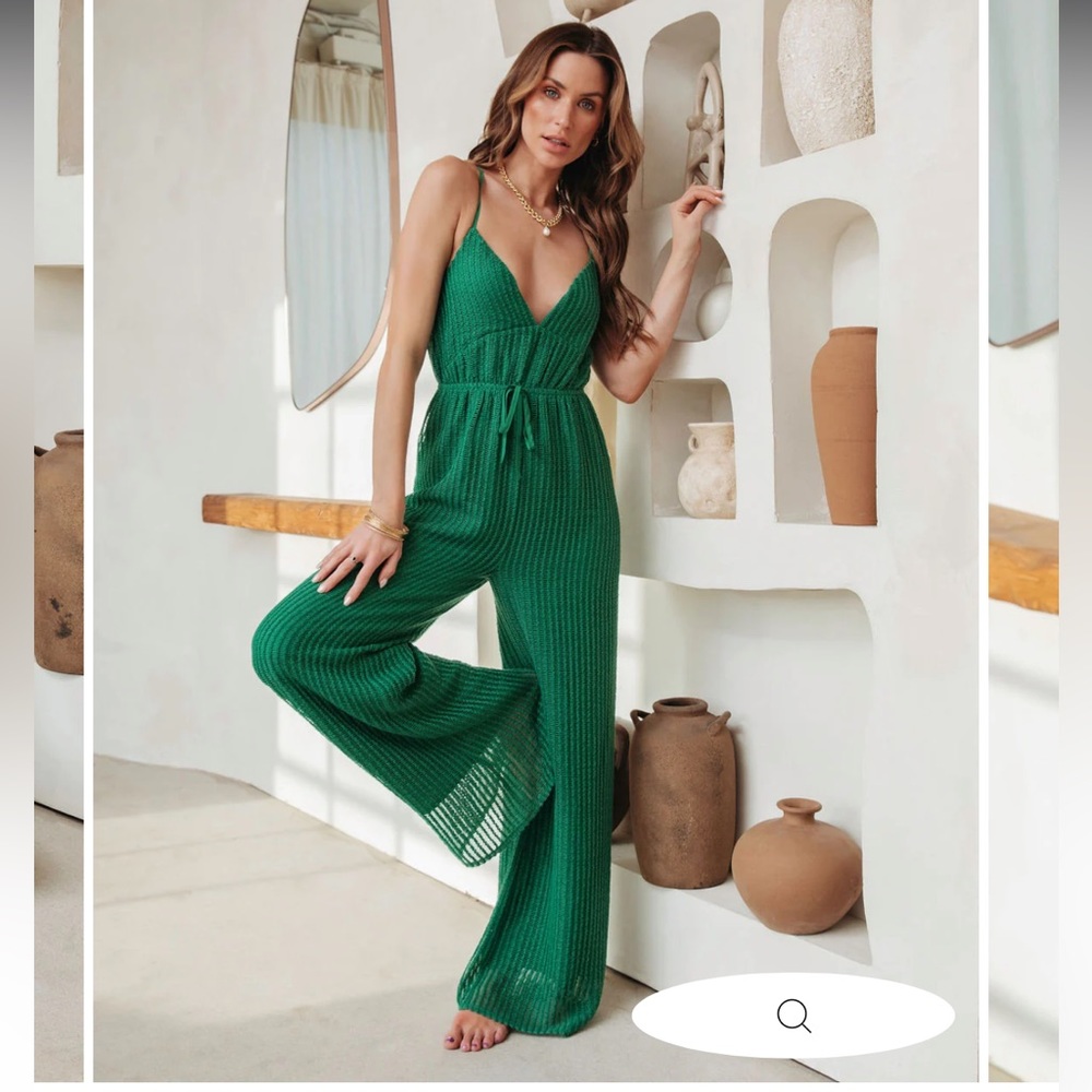 VICI MAUI CROCHET WIDE LEG JUMPSUIT - GREEN
